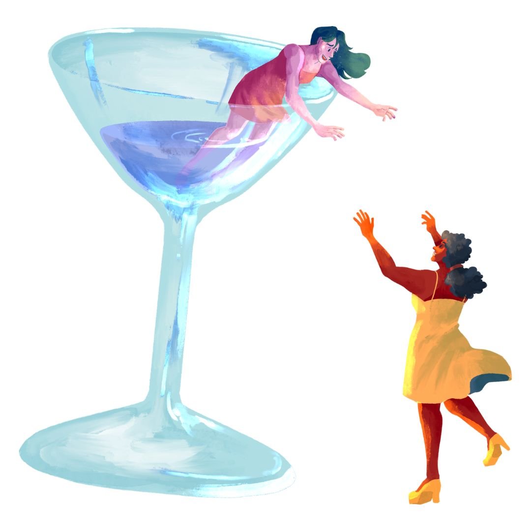 Une femme se noie dans un verre, une autre lui ouvre les bras